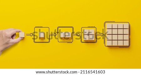 Business process and workflow automation with flowchart. Hand holding wooden cube block arranging processing management on yellow background Royalty-Free Stock Photo #2116541603