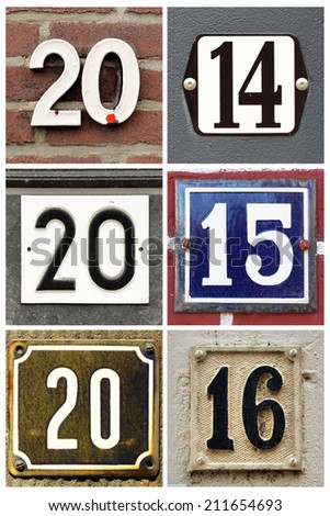 Collage of the numbers 2014, 2015 and 2016 composed from housenumber signs