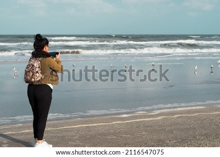 woman photographing seagulls on the beach with her smart phone