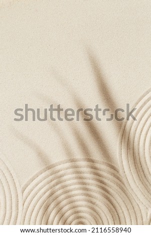 Zen garden meditation sandy background for relaxation. Lines drawing in sand and shadows of palm leaves. Concept of harmony, balance and meditation, spa, massage, relax. Top view and copy space. Royalty-Free Stock Photo #2116558940