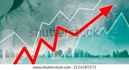 Image of red upward arrow with double exposure of businesswoman and city background