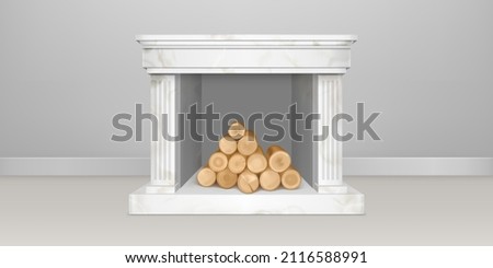 White marble fireplace with pile of logs in empty living room interior. Vector realistic illustration of hearth in stone frame with pilasters, mantelpiece and firewood pile inside