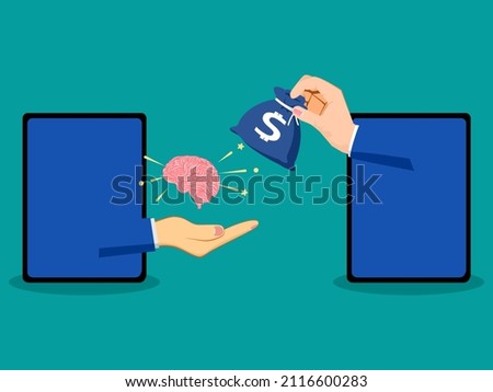 Hold money to buy your brain. thinking brain vector illustration