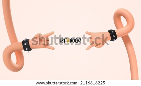 Rock stars music vector illustration. 3d cartoon ui hero hands Sign of the. Rock festival music banner template two hands gesture heavy metal isolated arms. Royalty-Free Stock Photo #2116616225