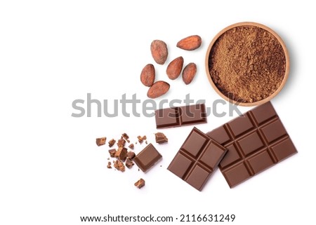 Chocolate bar whit cocoa powder in wooden bowl and cacao bean isolated on white background. Top view. Flat lay. Royalty-Free Stock Photo #2116631249