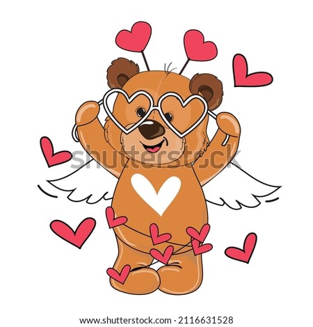 Cute cartoon teddy bear and heart on a white background isolated. Vector illustration for Valentine's Day and birthday