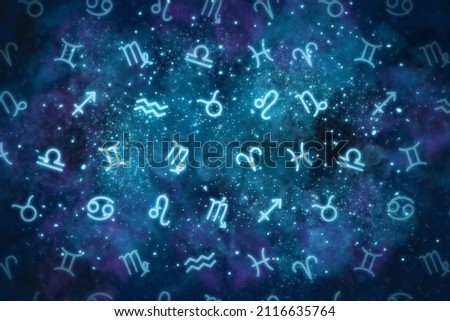The twelve signs of the zodiac are randomly placed against the background of the cosmos, the universe. Astrology background. Esotericism, secrets of the universe. Royalty-Free Stock Photo #2116635764
