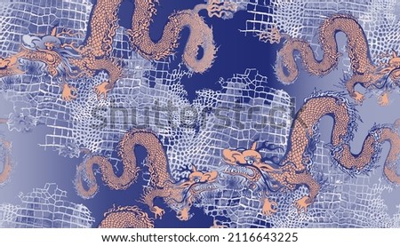 Seamless pattern. Asian dragon on the background of crocodile skin. 