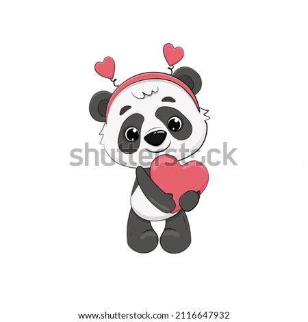Cute cartoon panda with heart for valentine's day. Vector illustration