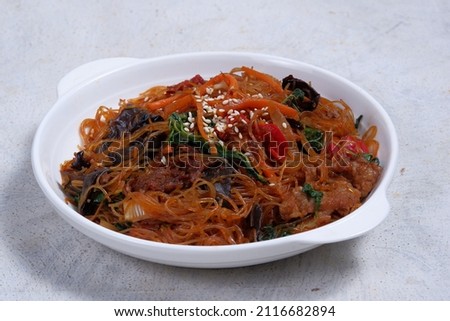 Korean authentic cuisine, Japchae (잡채)   or glass noodles stir fried with vegetables