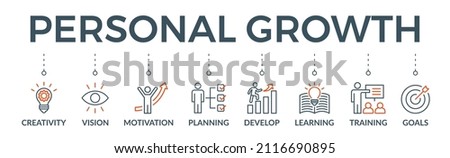 Personal growth banner web icon vector illustration concept with an icon of creativity, vision, motivation, planning, development, learning, training, and goals Royalty-Free Stock Photo #2116690895