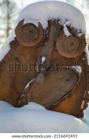Wooden decorative owl made of wood in the snow.