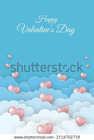 Valentine's Day greeting card. Paper clouds and pink 3d hearts on blue background. Vector illustration.