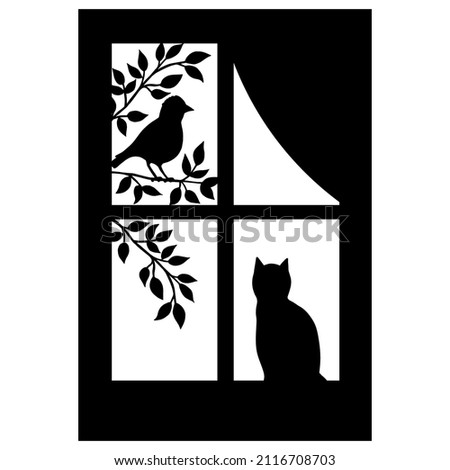 Vector black silhouette of a window and a songbird on a flowering branch in spring and a cat on the windowsill