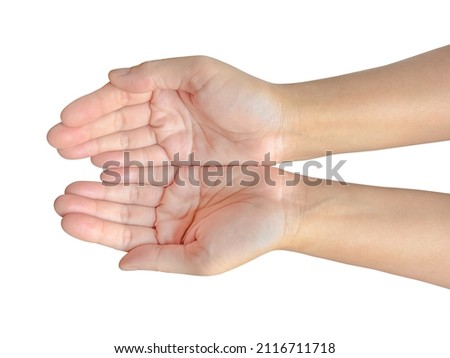 Top view woman hands holding, giving, receiving things, isolated on white background Royalty-Free Stock Photo #2116711718