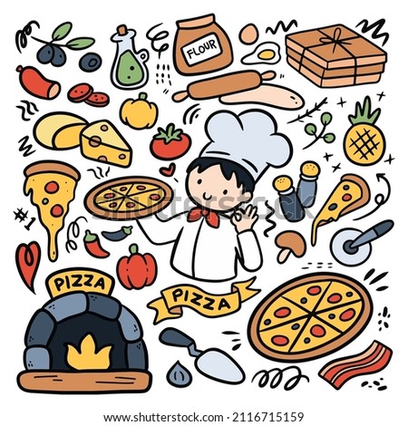 Cartoon Kid Baking Pizza with Ingredients in Kawaii Hand Drawn Doodle Vector Clip art 