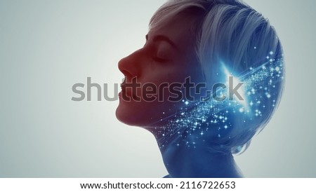 Meditating woman. Science technology concept. Mindfulness. Royalty-Free Stock Photo #2116722653