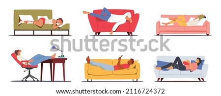 Set of Lazy Characters Relaxing during Weekend at Home Sleeping, Surfing Internet, Eating Junk Food. Weekend Recreation Concept. People Having Rest, Procrastination. Cartoon People Vector Illustration Royalty-Free Stock Photo #2116724372
