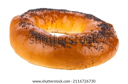 Bagel with poppy seed isolated on white background. Detail for design. Design elements. Macro. Full focus. Background for business cards, postcards and posters 