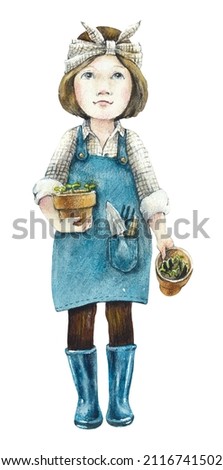 Girl planting seedlings. Gardering, spring mood. Watercolor hand drawn illustration
