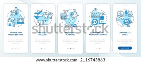 Mixed economy features blue onboarding mobile app screen. State, business walkthrough 5 steps graphic instructions pages with linear concepts. UI, UX, GUI template. Myriad Pro-Bold, Regular fonts used Royalty-Free Stock Photo #2116743863