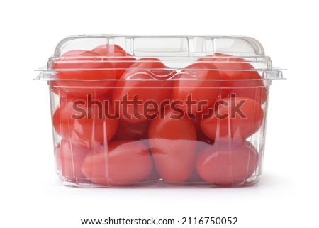 Ripe plum tomatoes in clear plastic container isolated on white Royalty-Free Stock Photo #2116750052