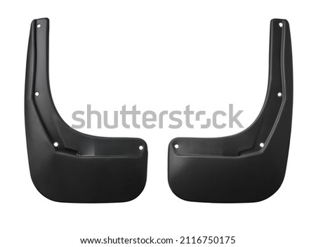 Front view of two new black car mudguard isolated on white Royalty-Free Stock Photo #2116750175