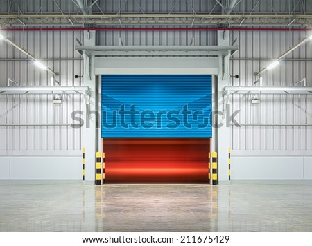 Roller shutter door and concrete floor inside factory building for industrial background, Polished concrete floor clean condition and space for industry product display, Industrial factory background.