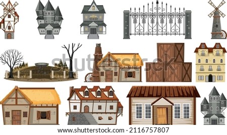 Set of abandoned houses and buildings illustration