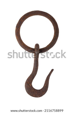 Rusty metal hook isolated on white background. Detail for design. Design elements. Macro. Full focus. Background for business cards, postcards and posters