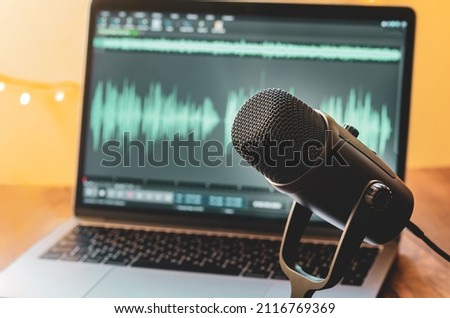 Home studio: microphone and wave form on laptop screen