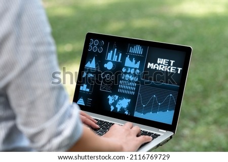Text sign showing Wet Market. Internet Concept market selling fresh meat fish produce and other perishable goods Woman Typing On Laptop In The Park Alone Accomplishing Remote Jobs.