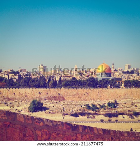 View from the Mount of Olives to Walls of the Old City of Jerusalem and the Dome of the Rock, Instagram Effect Royalty-Free Stock Photo #211677475