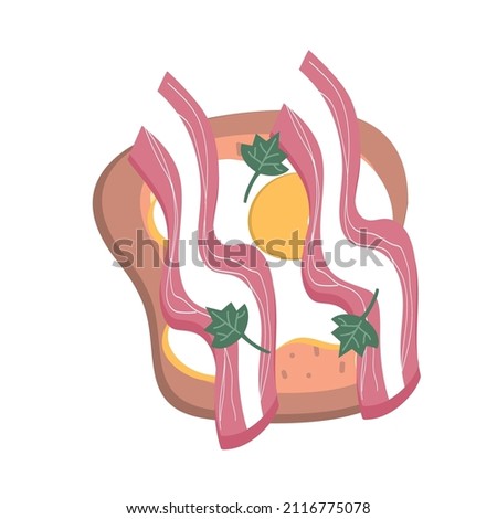Toast with fried egg, bacon and herbs. Delicious nutritious breakfast. Hand-drawn vector illustration on a white isolated background.