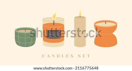 Set of scented candles, different shapes and orange, green colors. Decorative design elements. Hand drawn vector illustration isolated on light background in modern trendy flat cartoon style. Royalty-Free Stock Photo #2116775648