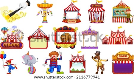 Set of circus characters and amusement park elements illustration