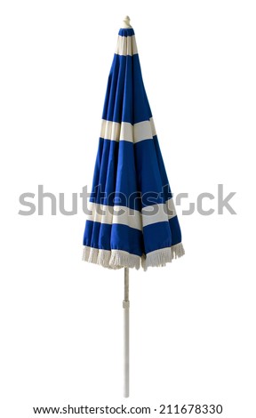 Blue beach umbrella isolated on white. Clipping path included. Royalty-Free Stock Photo #211678330
