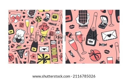 Hand drawn Fashion Seamles pattern with Romantic Objects. Creative ink art work. Actual drawing of Holiday things. Happy Valentine's Day  Illustration