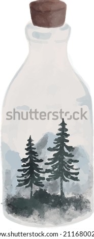Handpainted watercolor vector illustration of mountains and forrest in a bottle. Ideal for print, graphic design, collage, stickers, scrapbooking, web and other creative projects. Royalty-Free Stock Photo #2116800209
