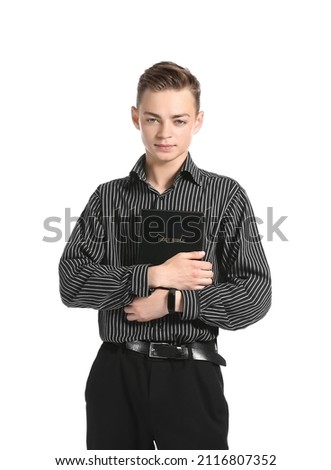 Teenage boy with Holy Bible on white background