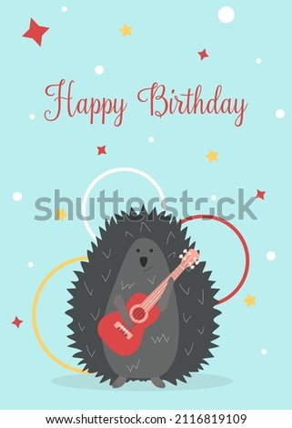 Happy birthday postcard with hedgehog. The hedgehog holds a pink guitar in his hands.