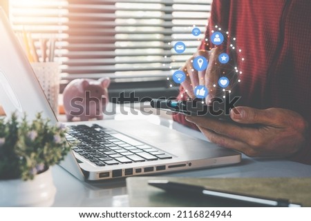 Man using smart phone on office desk with copy space, Social, media, Marketing concept.	

