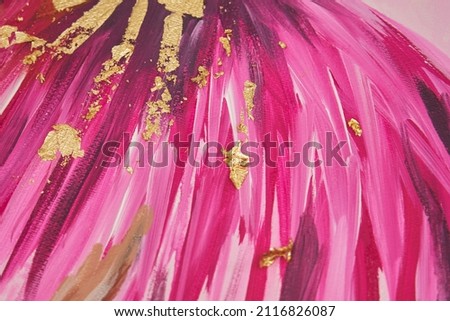 strokes of cyclomene and pink paint on a painting with gold leaf adorning the painting
