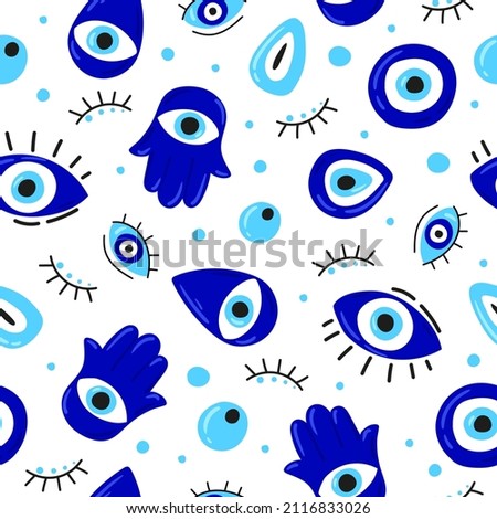 Seamless pattern with Cartoon Evil eyes. Blue Evil eye, Hamsa, Hand of Fatima, Eye of Providence. Vector illustrations of amulets for print, fabric, wallpaper, clothing, wrapping paper Royalty-Free Stock Photo #2116833026