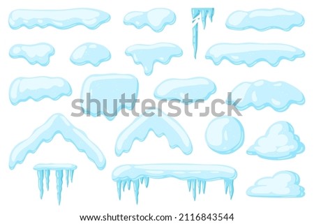 Vector set of snow caps, heaps, icicles, snowball, and snowdrifts. Seasonal elements, winter decorations, snow texture, roofs in the snow. Vector illustration isolated on white background