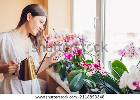 Woman taking care of orchids blooming on window sill. Girl gardener watering home plants and flowers with watering can. Royalty-Free Stock Photo #2116853348
