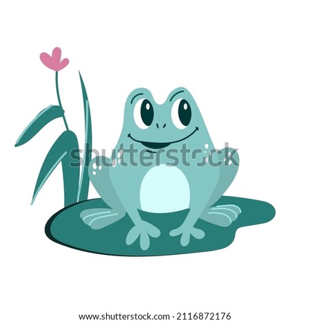 Funny frog with flowers. Nice illustration. Isolated character on a white background.