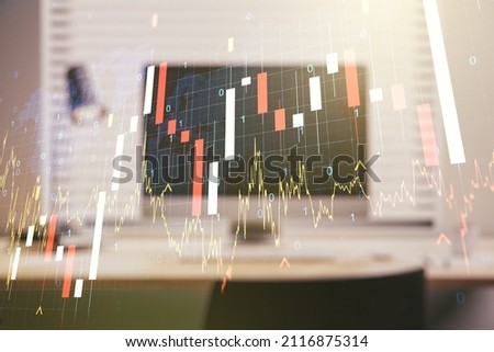 Multi exposure of abstract creative financial graph with world map on modern laptop background, forex and investment concept