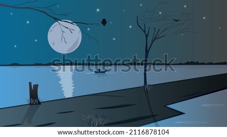 Path and lake in the moonlight. Starry sky and a fisherman on a boat. Trees in the night light and alone owl  Royalty-Free Stock Photo #2116878104