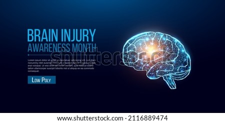 Brain injury awareness month concept with glowing low poly brain. Wireframe low poly style. Abstract modern 3d vector illustration on dark blue background. 